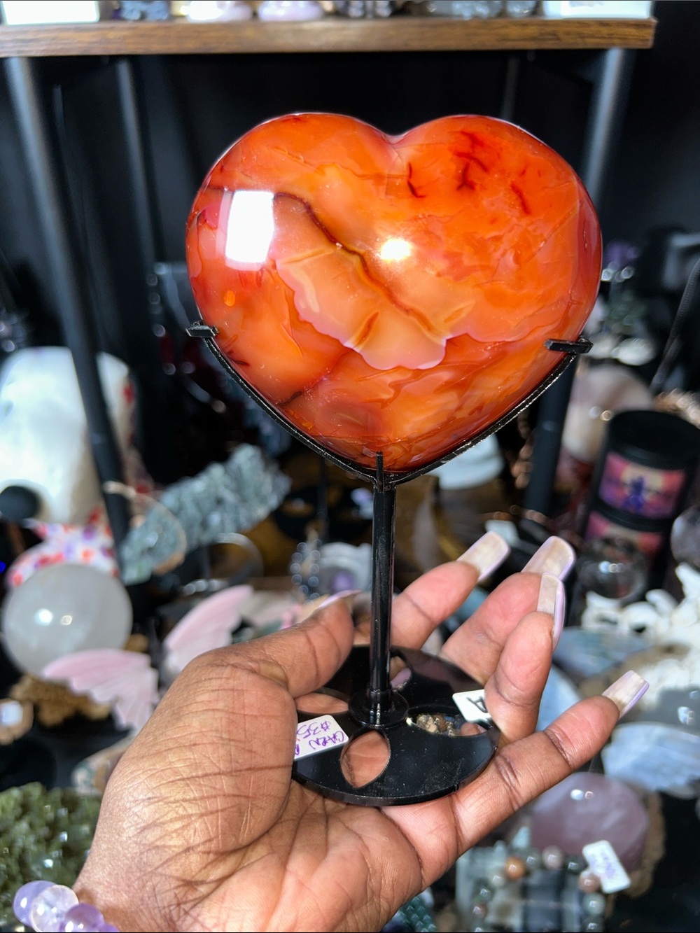 Polished Carnelian Agate Heart Gemstone w/Metal Stand - PRICE VERY FIRM